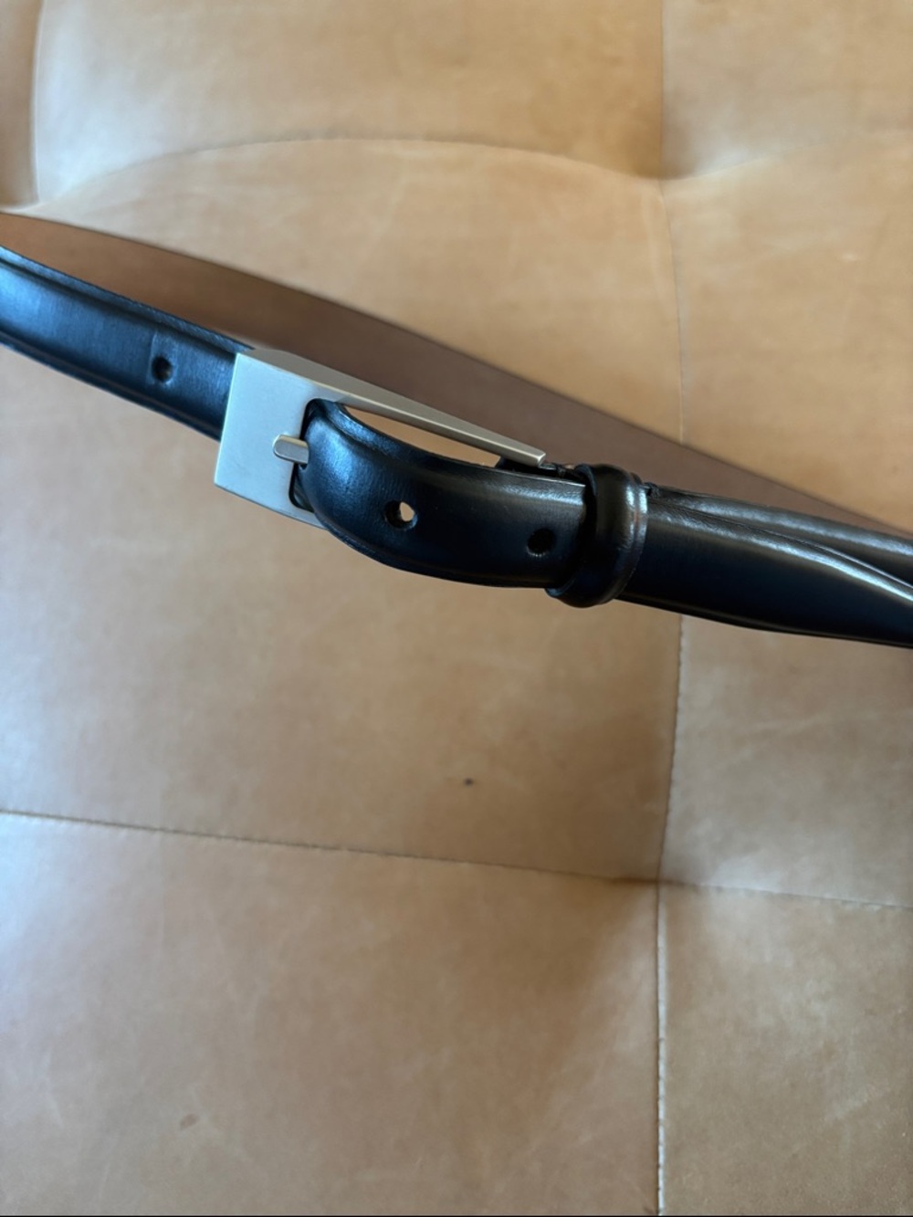 Paul Stuart Black Leather Belt with Rectangular Silver-Tone Buckle